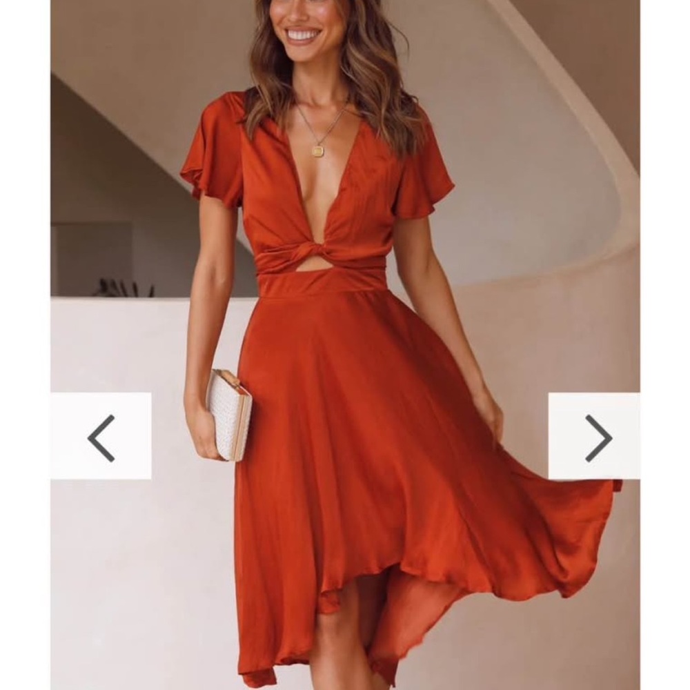 Rust Red High-Low Twist Front Women's Dress